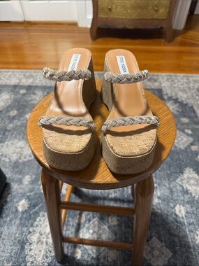 Steve Madden Cork Platform Wedge Sandals with Braided Metallic Straps